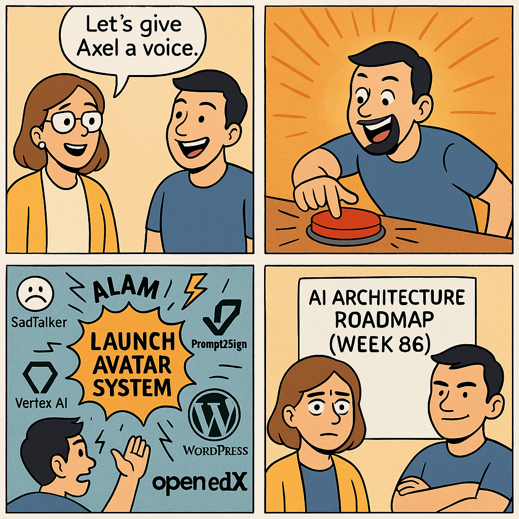 A four-panel comic strip in color. Panel 1: Annette, an adult woman with glasses and a determined look, says, “Let’s give Axel a voice.” Axel, a young man with a cheeky grin, eagerly presses a large red button labeled “Launch.” Panel 2: Alarms go off and tech logos like SadTalker, Prompt2Sign, Vertex AI, WordPress, and OpenEdX swirl chaotically around. Panel 3: Annette is buried under diagrams, code, and coffee cups, holding a whiteboard titled “AI Architecture Roadmap – Week 86.” Panel 4: Axel sits back smirking confidently, arms crossed, clearly pleased with the mayhem.